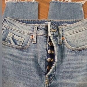Button Fly High Rise Straight Leg Blue Jeans